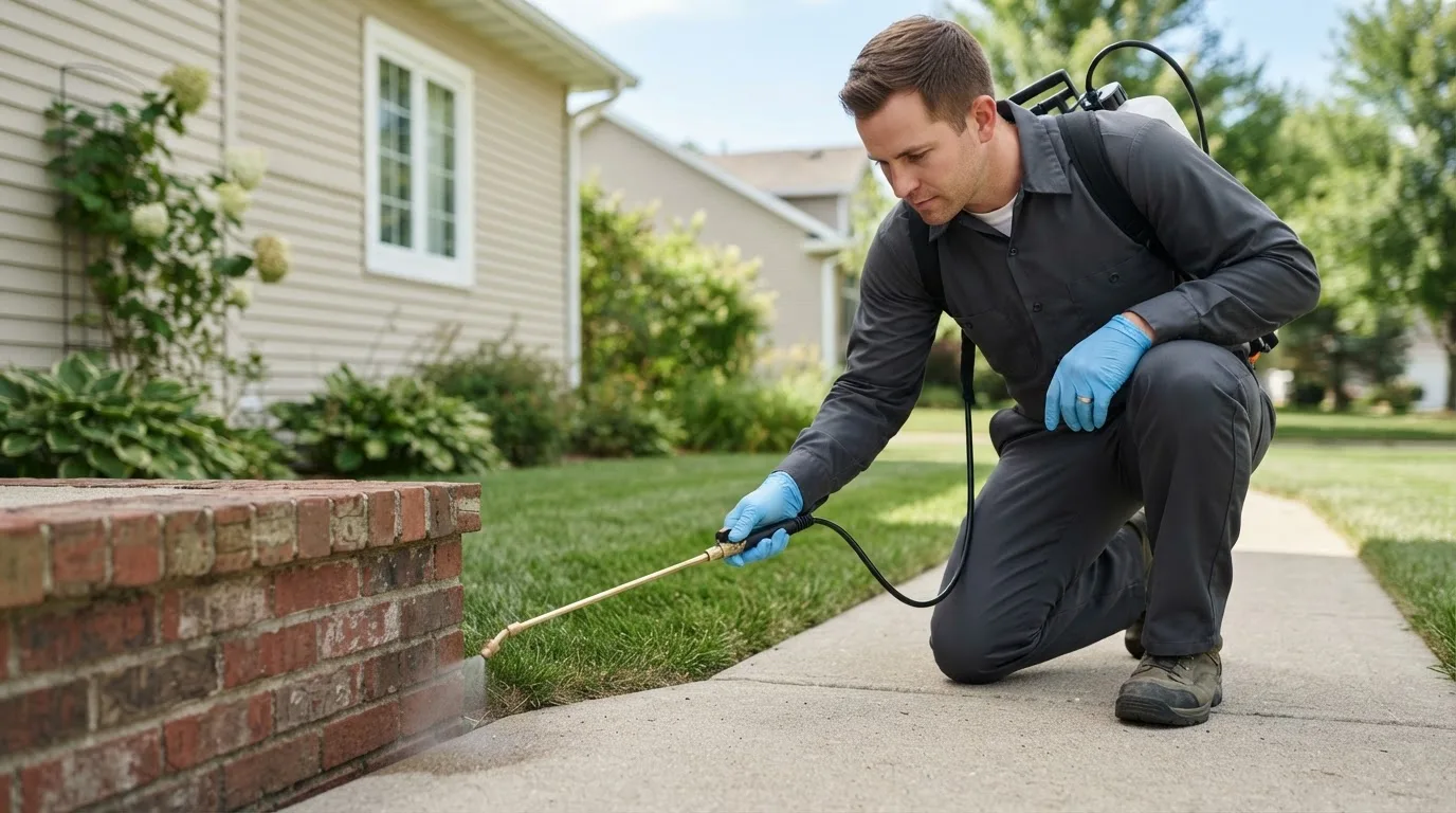 Pest control technician treating a home near Jeffers, MN