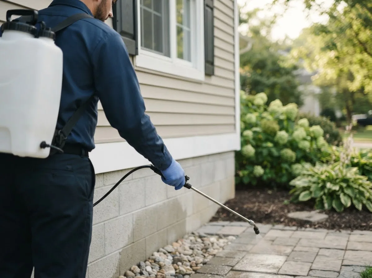 Pest control technician inspecting a home in Jeffers, MN